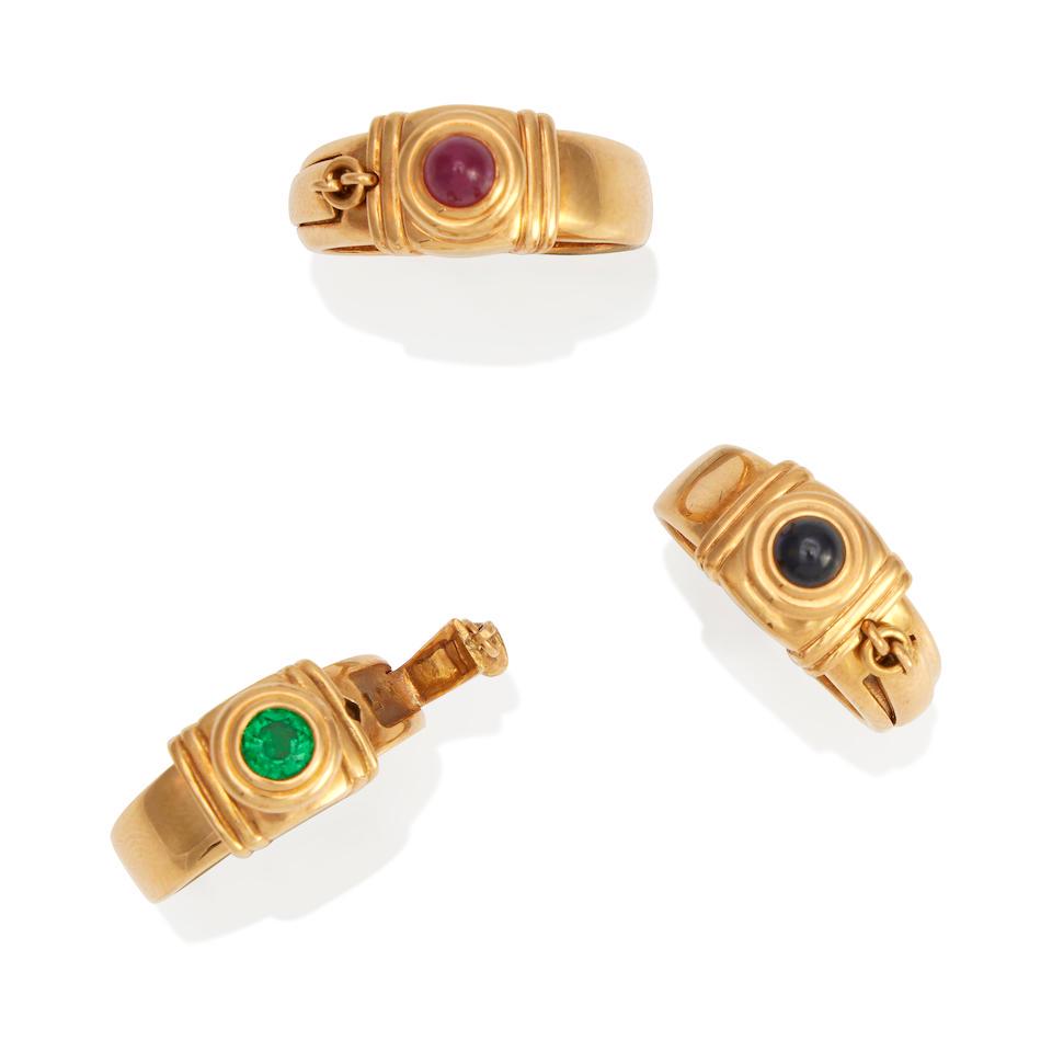 TABBAH: THREE 18K GOLD AND GEM-SET RINGS: TABBAH: THREE 18K GOLD AND GEM-SET RINGS Ruby, sapphire, emerald, estimated gross weight 26.6 grams, signed Tabbah, no. 51, no. 1410844 51, 1410088 54, sizes 5 1/2 and 6 3/4 Footnotes: OVERALL CONDIT