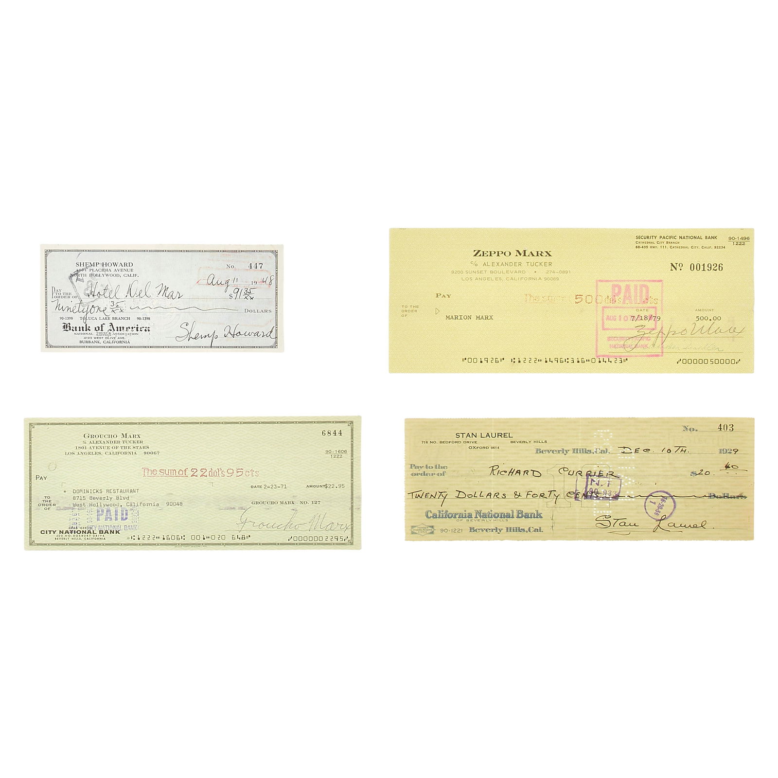 Comedy Greats Collection of Signed Checks with Stan Laurel, Groucho Marx, Zeppo Marx, and Shemp ... (1 of 1)