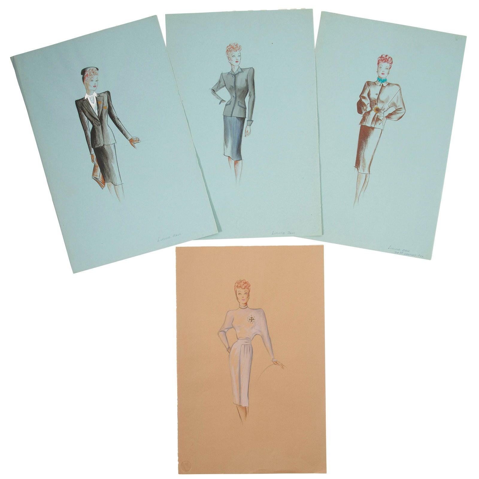 Lucille Ball Costume Sketches by Paula Giokaris for 20th Century Fox.: Lucille Ball Costume Sketches by Paula Giokaris for 20th Century Fox. 1950s. Collection of four costume design sketches accomplished in pencil, ink, and gouache on 12.25 x 19 in. artist's paper leaves