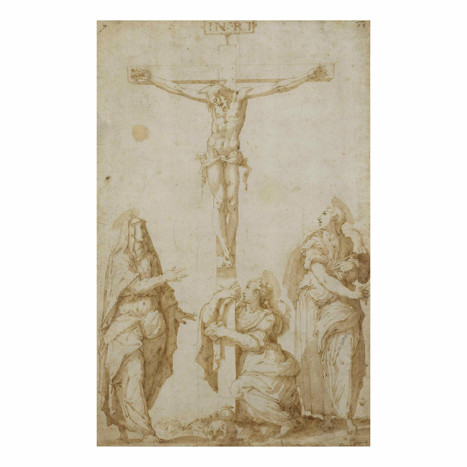 ENTOURAGE DE GIORGIO VASARI (1511-1574) La Crucifixion: ENTOURAGE DE GIORGIO VASARI (1511-1574) La Crucifixion porte une inscription « Giorgio Vasari » (en bas à droite); numéroté « 7 » (en haut à gauche) et « 3