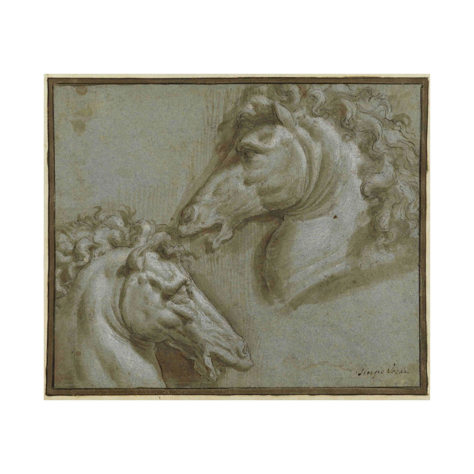 ÉCOLE FLORENTINE, XVIe SIECLE Étude de deux têtes de chevaux: ÉCOLE FLORENTINE, XVIe SIECLE Étude de deux têtes de chevaux porte une inscription « Giorgio Vasari » (en bas à droite) plume et encre brune, lavis brun, rehauts de blanc