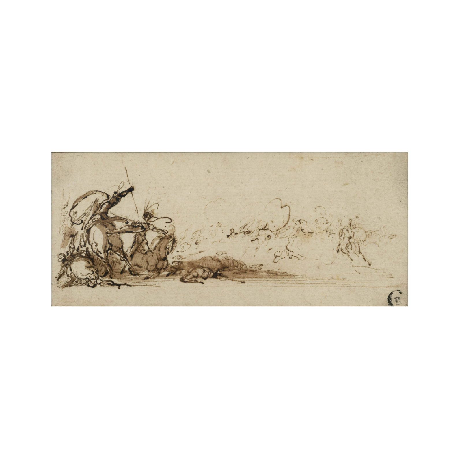 JACQUES CALLOT (1592-1635) Scène de bataille: JACQUES CALLOT (1592-1635) Scène de bataille plume et encre brune, lavis brun pen and brown ink, brown wash 6.1 x 14.2 cm (2 3/8 x 5 9/16 in) Footnotes: 雅克·卡洛(159