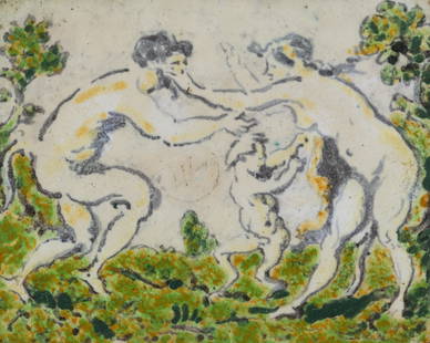 KER-XAVIER ROUSSEL (1867-1944) Faune et nymphe: KER-XAVIER ROUSSEL (1867-1944)Faune et nymphe Plaque en terre cuite a décor polychrome sous couverte émailléeTerracotta plaat met polychrome decor onder geglazuurde laagTerracotta