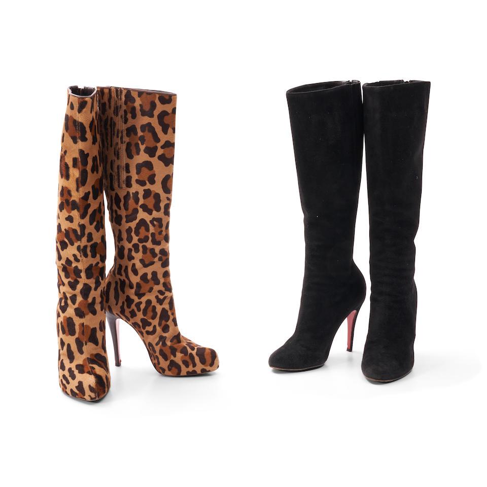Two Pairs of Christian Louboutin Knee-high Boots: Two Pairs of Christian Louboutin Knee-high Boots A pair of black suede high heel boots; a faux leopard pair of high heeled boots; both size 37. For further information on this lot please visit Bonhams