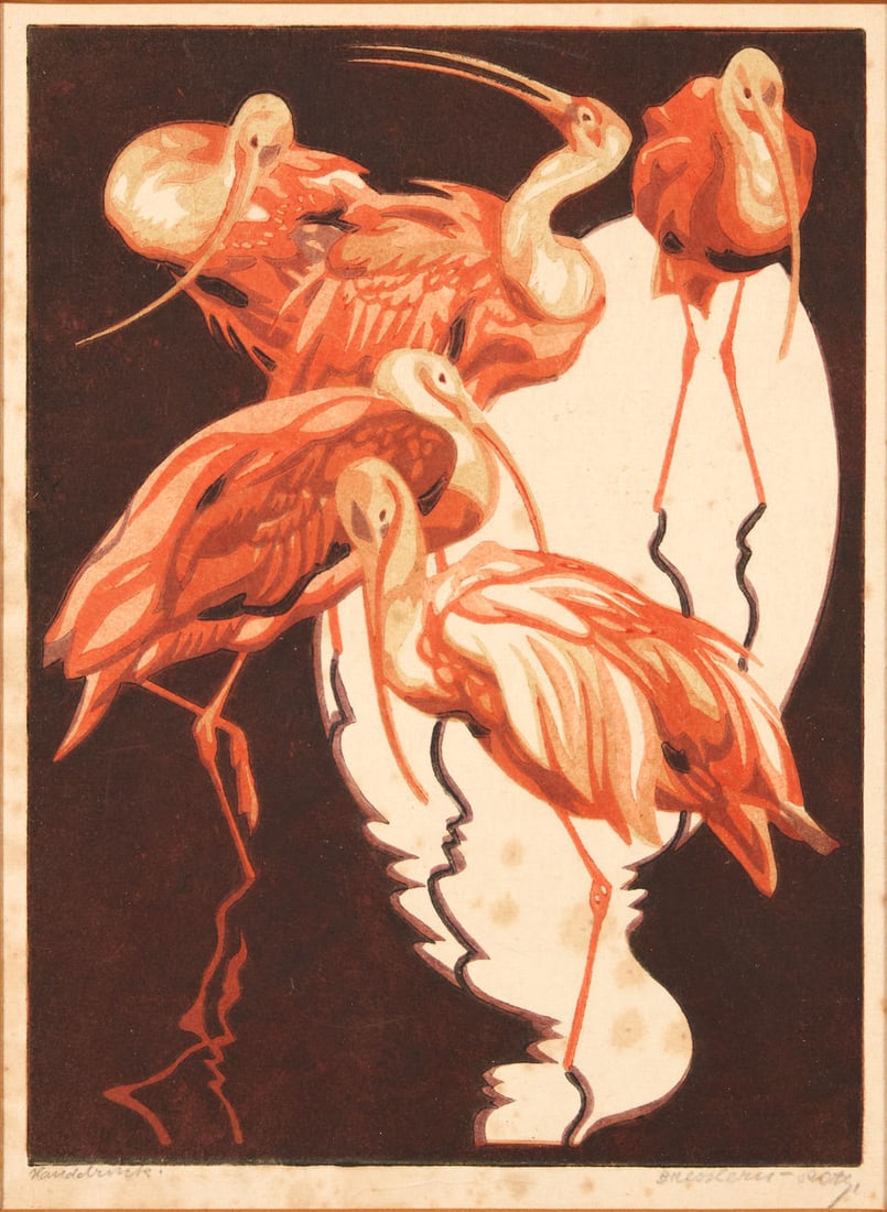 Norbertine von Bresslern-Roth (Austrian, 1891-1978); Ibises;: Norbertine von Bresslern-Roth (Austrian, 1891-1978) Ibises, 1924 Color linocut on paper; signed 'Bresslern-Roth' in pencil l.r.; matted, unframed. 9 7/8 × 7 1/4 in. (25.2 × 18.4 cm) For furt