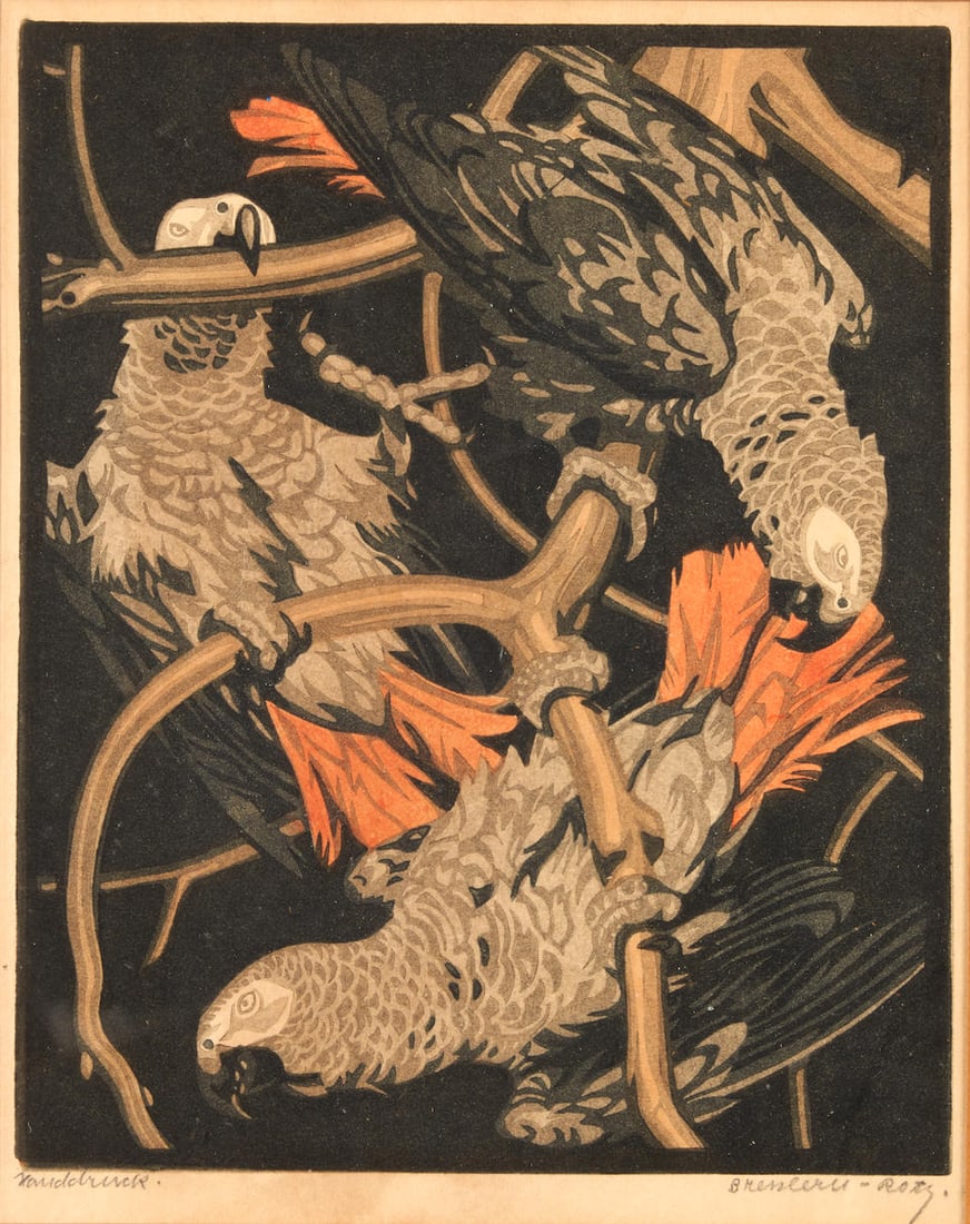 Norbertine von Bresslern-Roth (Austrian, 1891-1978); Grey Parrots;: Norbertine von Bresslern-Roth (Austrian, 1891-1978) Grey Parrots, Color linocut on paper; signed 'Bresslern-Roth' in pencil l.r.; framed. 9 3/8 x 7 5/8 in. (23.9 x 19.4 cm) For further information on 