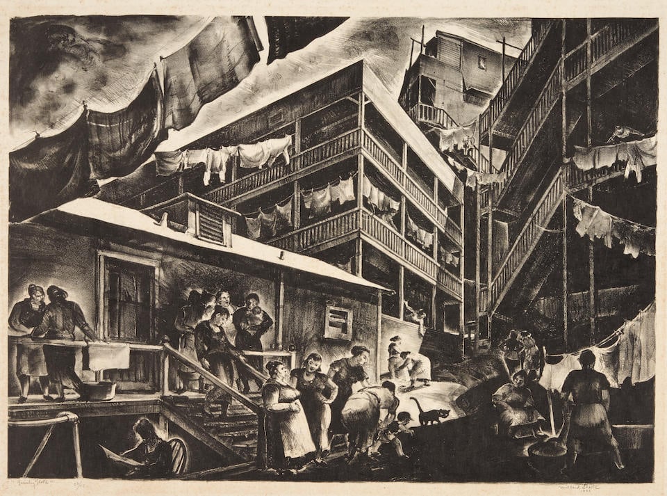 Millard Sheets (American, 1907-1989); Family Flats;: Millard Sheets (American, 1907-1989) Family Flats, 1932 Lithograph on paper; signed 'Millard Sheets 1932' in pencil l.r.; titled and numbered '...52/75' in pencil l.l.; unmatted, unframed. 15 3/4 x 22