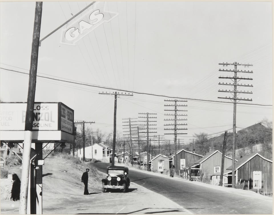 Walker Evans (1903-1975); Roadside View, Alabama Coal Area Company Town;: Walker Evans (1903-1975) Roadside View, Alabama Coal Area Company Town, 1936 Gelatin silver print, printed 1970s by the Library of Congress; annotated in pencil with Library of Congress stamp in ink o