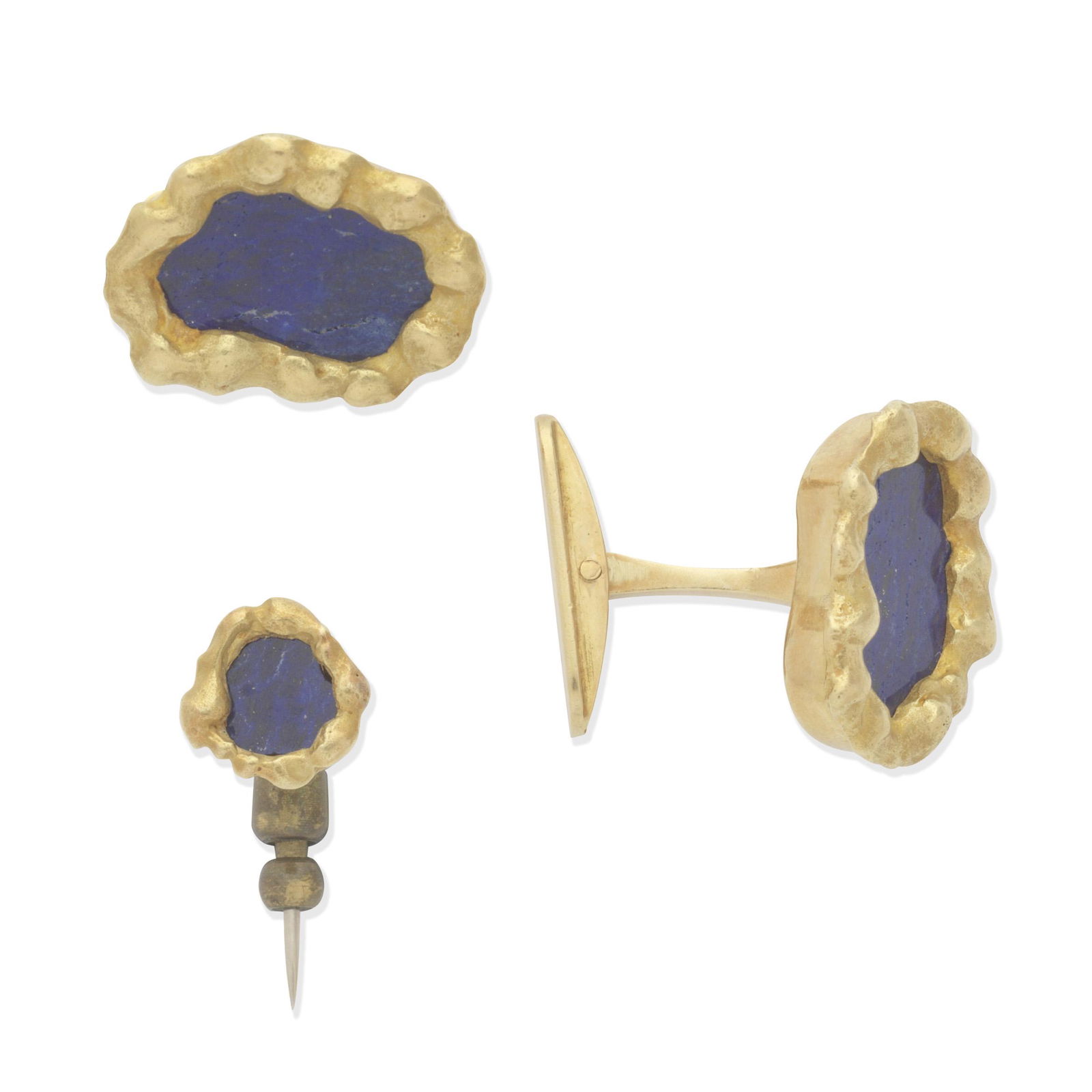 GRIMA: LAPIS LAZULI CUFFLINKS AND TIEPIN, (2): GRIMA: LAPIS LAZULI CUFFLINKS AND TIEPIN, 19721st: Single-sided, each lapis lazuli plaque within a textured surround, 2nd: Tiepin of matching design, signed Grima, maker's mark, London hallmark, lengt