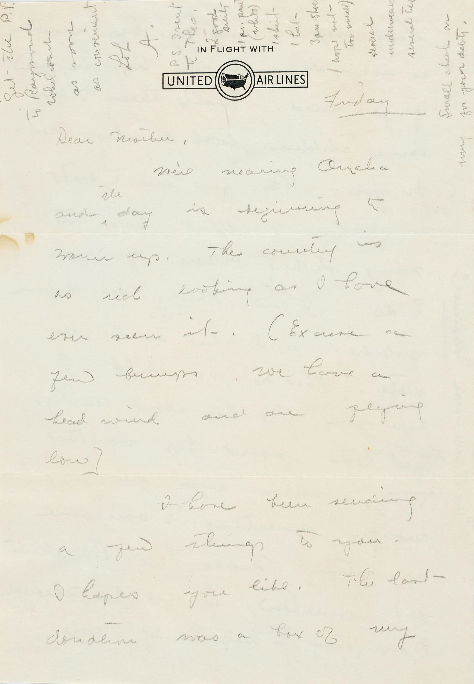 EARHART LETTER TO HER MOTHER USED TO HARVEST EARHART'S DNA. EARHART, AMELIA. 1897-1937. Autograp... (1 of 2)