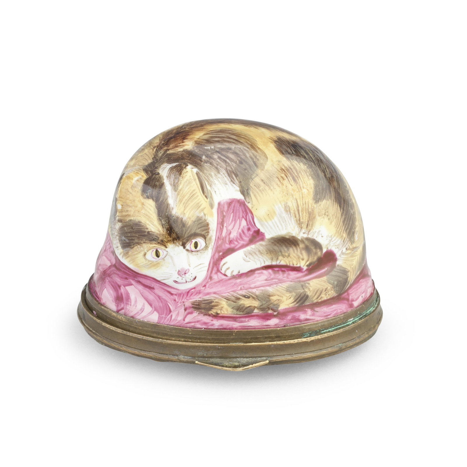A South Staffordshire enamel cat bonbonnière, circa 1770: A South Staffordshire enamel cat bonbonnière, circa 1770Of oval shape, the high domed cover charmingly modelled in relief with a cat curled up on a pink marbled cushion, its fur naturalistically 