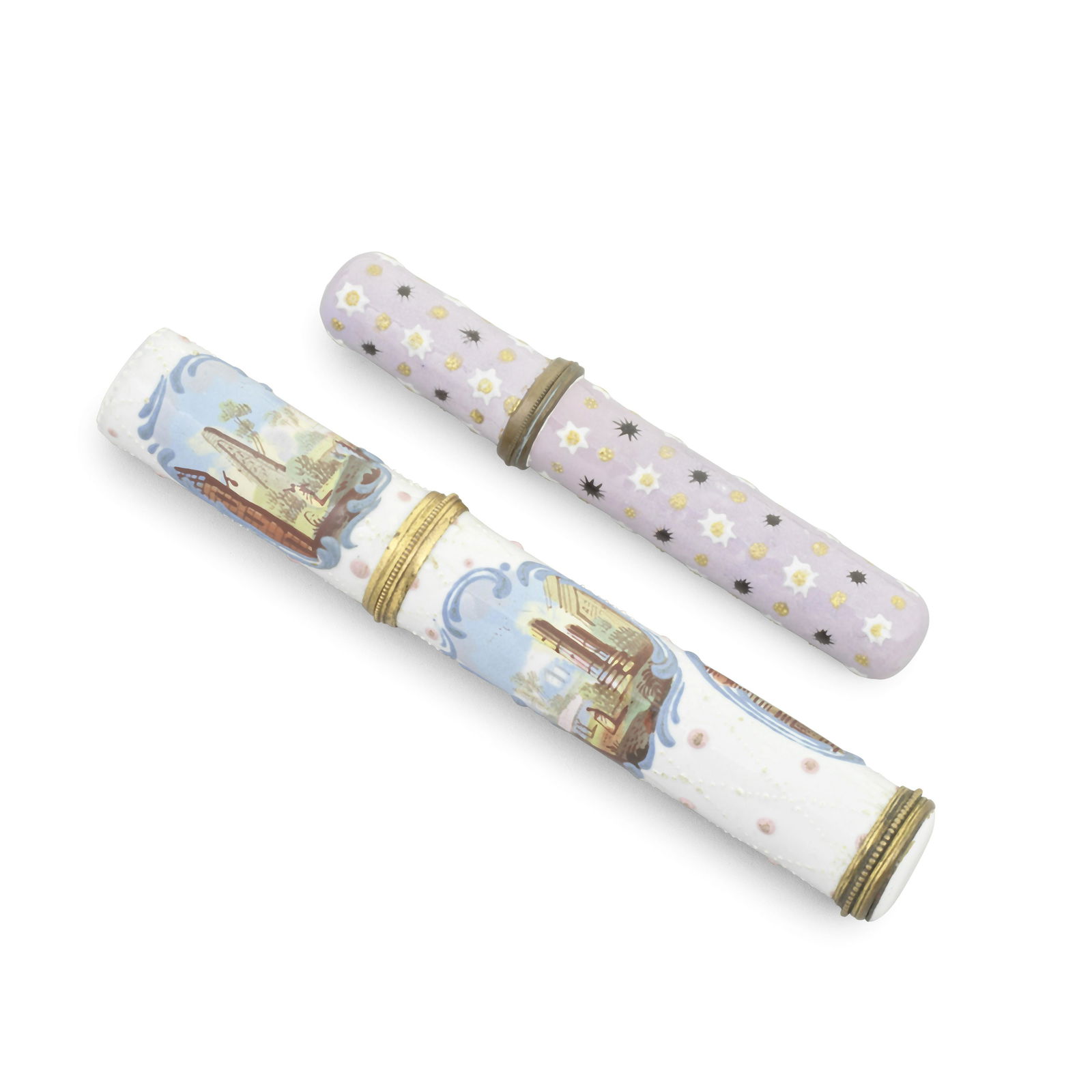 Two South Staffordshire enamel needle cases, circa 1770: Two South Staffordshire enamel needle cases, circa 1770One with gilt metal mounts, painted with three panels of figures in garden landscapes within raised blue scrolled borders, a further panel to the