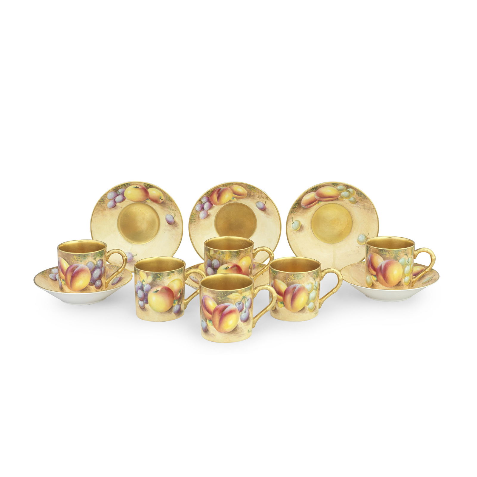 A set of six Royal Worcester 'Painted Fruit' coffee cups and saucers by William Roberts, circa 1970: A set of six Royal Worcester 'Painted Fruit' coffee cups and saucers by William Roberts, circa 1970Painted with autumn fruits amongst leaves on mossy grounds, the cups with solid gilt interiors and gi