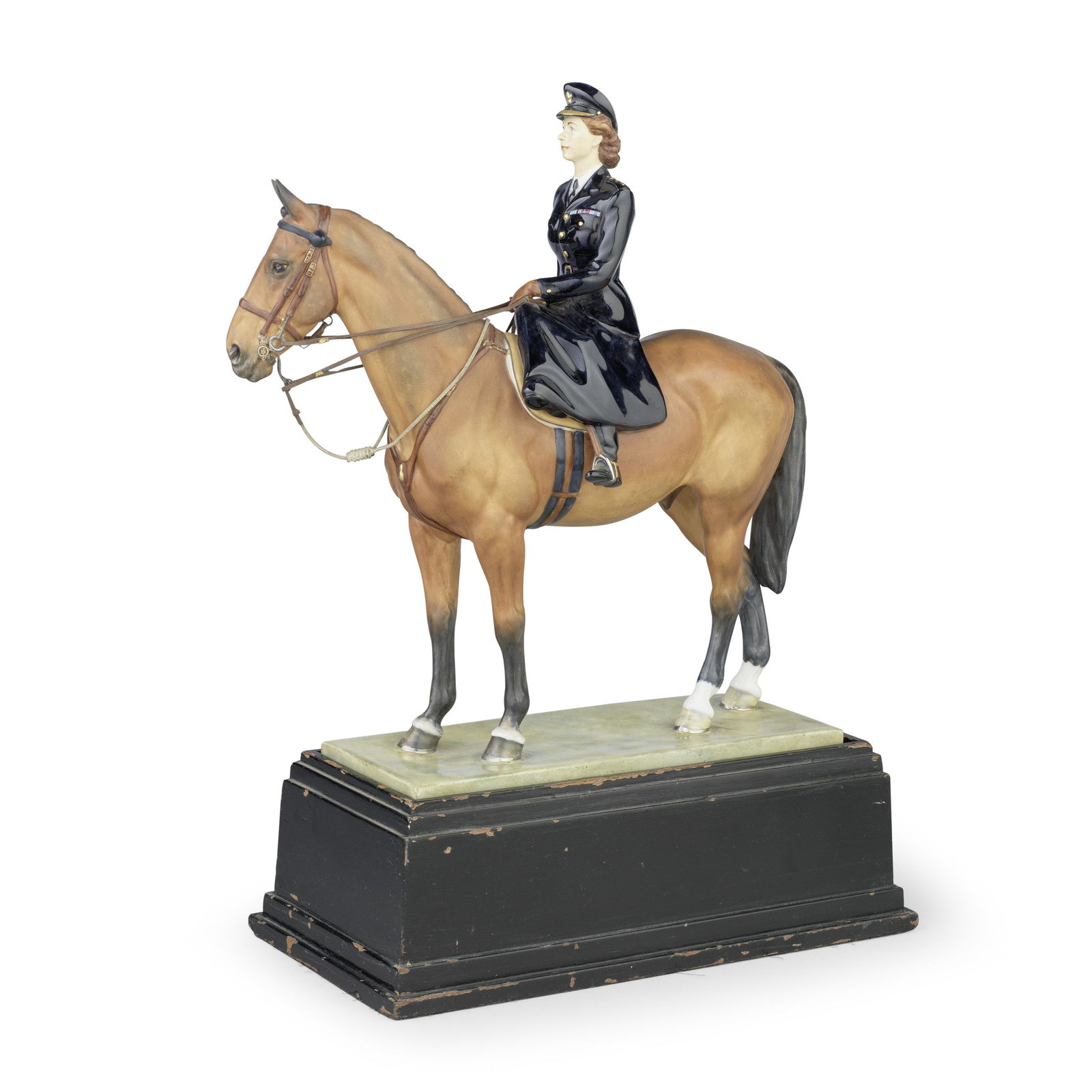 A Royal Worcester model of HRH Princess Elizabeth riding 'Tommy', circa 1950: A Royal Worcester model of HRH Princess Elizabeth riding 'Tommy', circa 1950Modelled by Doris Lindner, the Princess wearing the uniform of Colonel-in-Chief of the Grenadier Guards, mounted side-saddle