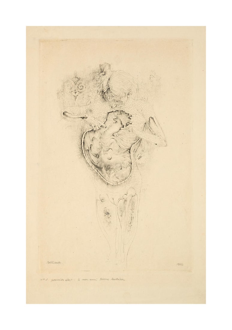 HANS BELLMER (1902-1975) Sans titre, 1946 Eau forte en noir sur vergéSignée, daté...: HANS BELLMER (1902-1975) Sans titre, 1946 Eau forte en noir sur vergé Signée, datée, annotée 'premier état' et dédicacée 'à Pierre Andrieu' 37 x 23,5 cm This lo