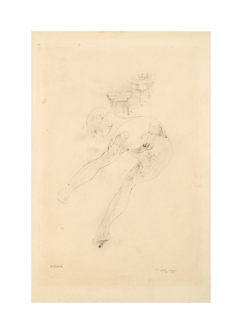 HANS BELLMER (1902-1975) Sans titre Eau forte sur vélin Signée et dédicacée ...: HANS BELLMER (1902-1975) Sans titre Eau forte sur vélin Signée et dédicacée 'à Dolly Diggs' 30 x 19,5 cm This lot is subject to the following lot symbols: AR AR Goods subject