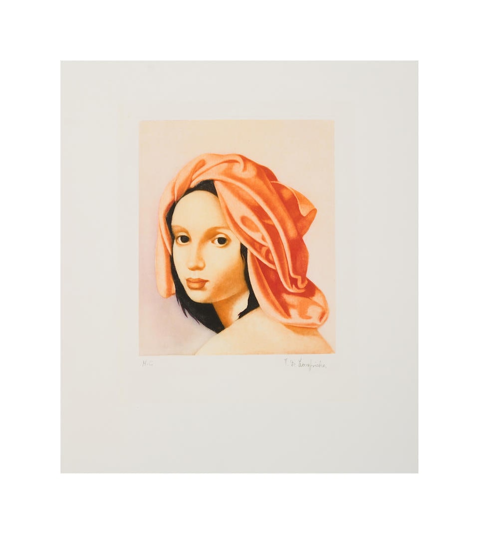 TAMARA DE LEMPICKA (1898-1980) Jeune femme au turban orange, 1956 (Blondel, B.498 )Aquatinte en...: TAMARA DE LEMPICKA (1898-1980) Jeune femme au turban orange, 1956 (Blondel, B.498 ) Aquatinte en couleurs sur vélin d'Arches Signée dans la planche et annotée 'HC' au crayon Porte l'ins