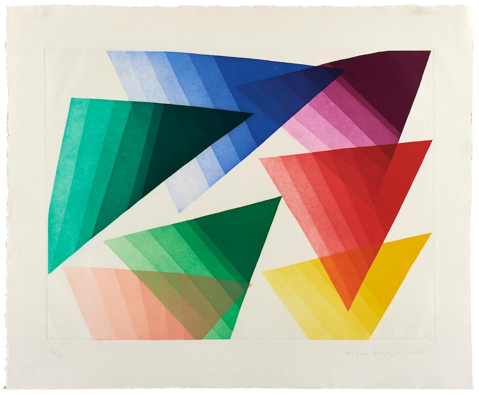 Piero DORAZIO (1927-2005) Sans titre, 1990 Deux aquatintes en couleurs Chacune signée et n...: Piero DORAZIO (1927-2005) Sans titre, 1990 Deux aquatintes en couleurs Chacune signée et numérotée 77 x 95 cm (chacune) This lot is subject to the following lot symbols: AR AR Goods sub