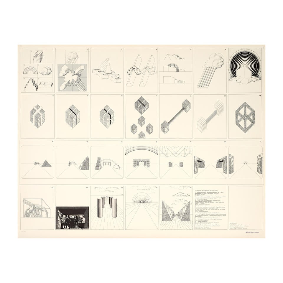 SUPERSTUDIO Un viaggio nelle regioni della ragione III, 1968-1969 Sérigraphie en noir sur ...: SUPERSTUDIO Un viaggio nelle regioni della ragione III, 1968-1969 Sérigraphie en noir sur Fabriano Signée du cachet du collectif et numéroté 389/500 Edité par Plura, Milano (