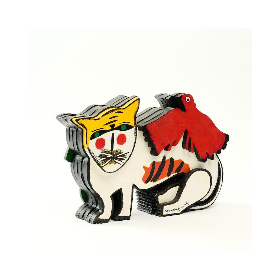 CORNEILLE (1922-2010) Chat blanc et oiseau Multiple en bois peintEpreuve d'artiste signée e...: CORNEILLE (1922-2010) Chat blanc et oiseau Multiple en bois peint Epreuve d'artiste signée et numérotée 6/10 Hauteur : 28 cm This lot is subject to the following lot symbols: AR AR Good