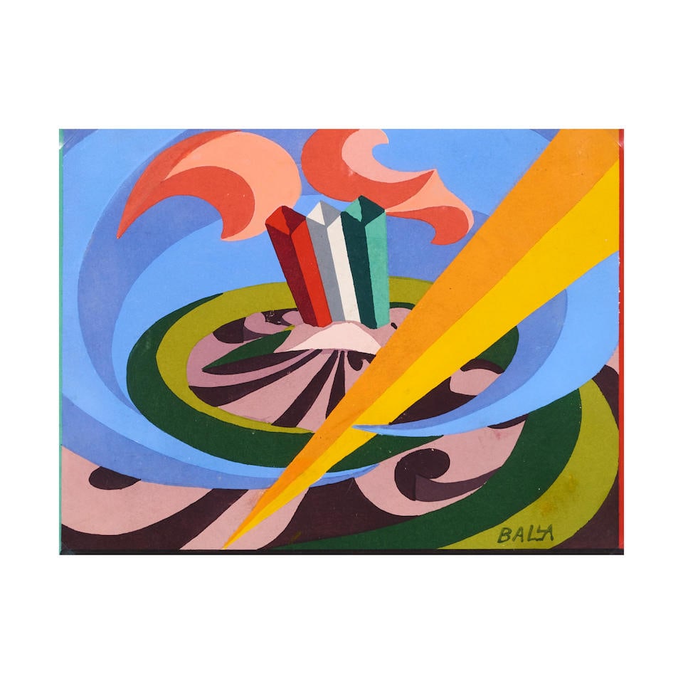 GIACOMO BALLA (1871-1958) Canto patriottico a villa Borghese Gouache en couleurs au pochoirSign&...: GIACOMO BALLA (1871-1958) Canto patriottico a villa Borghese Gouache en couleurs au pochoir Signée 15 x 20 cm This lot is subject to the following lot symbols: AR AR Goods subject to Artists Resa