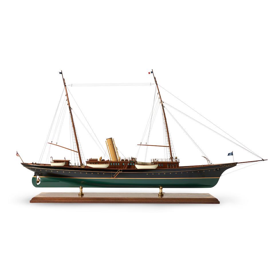 Ship Model of a Steam VesselUnited States, late 20th or early 21st century,: Ship Model of a Steam Vessel United States, late 20th or early 21st century, the two masts supporting a radio antenna above a upper cabin with smoke stack, and propeller visible near the rudder, very