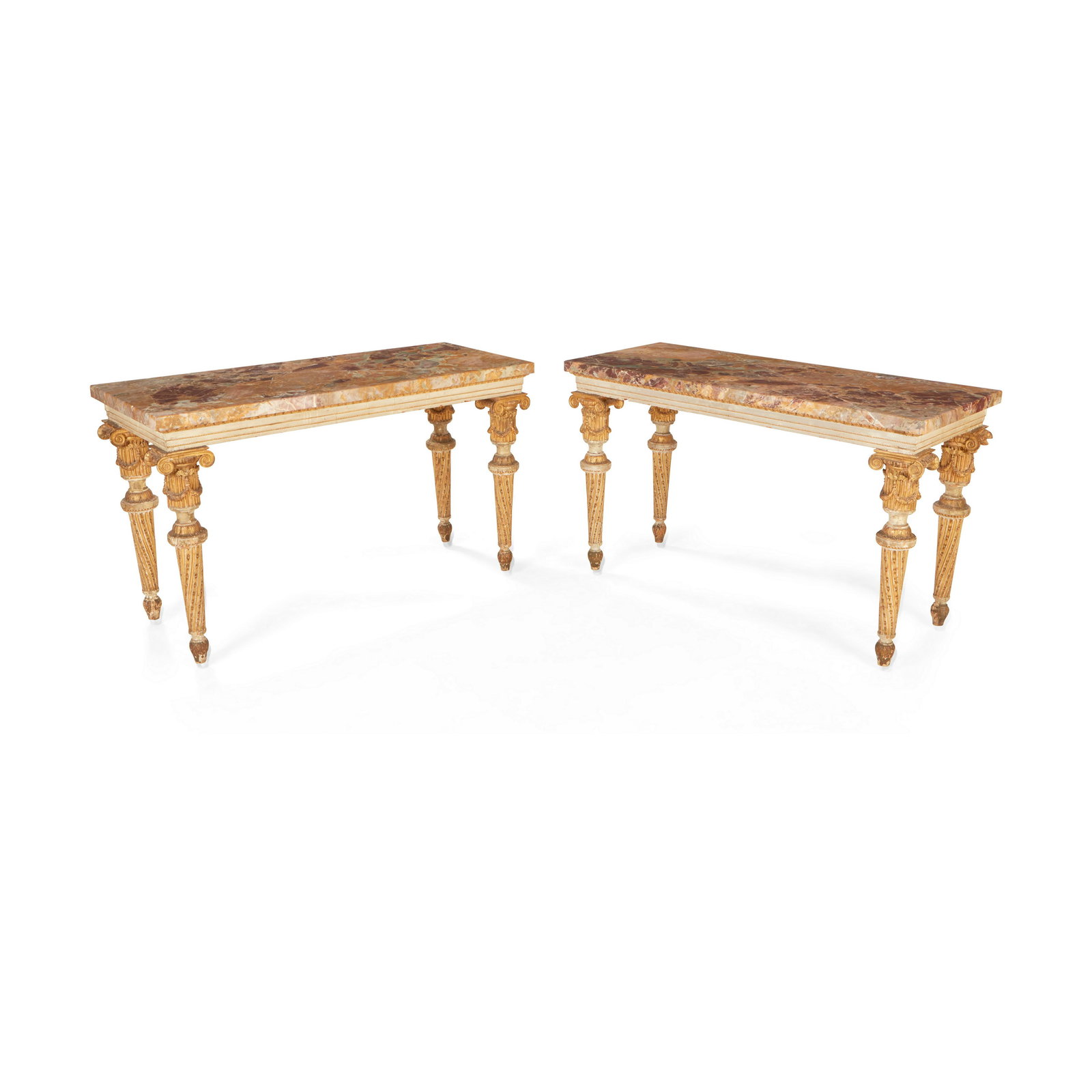 A PAIR OF ITALIAN NEOCLASSICAL MARBLE TOP PAINTED AND PARCEL GILT CONSOLE TABLES18th century and... (1 of 3)