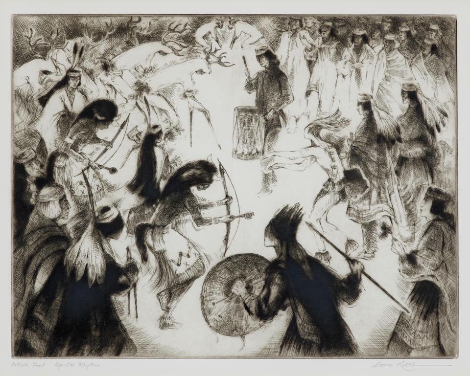 Gene Kloss (1903-1996); Age Old Rhythm;: Gene Kloss (1903-1996) Age Old Rhythm (Kloss 539), 1972 Etching and drypoint on wove paper, signed in pencil, titled and annotated 'Artist's Proof' (aside from the edition of 50), with full margins, f