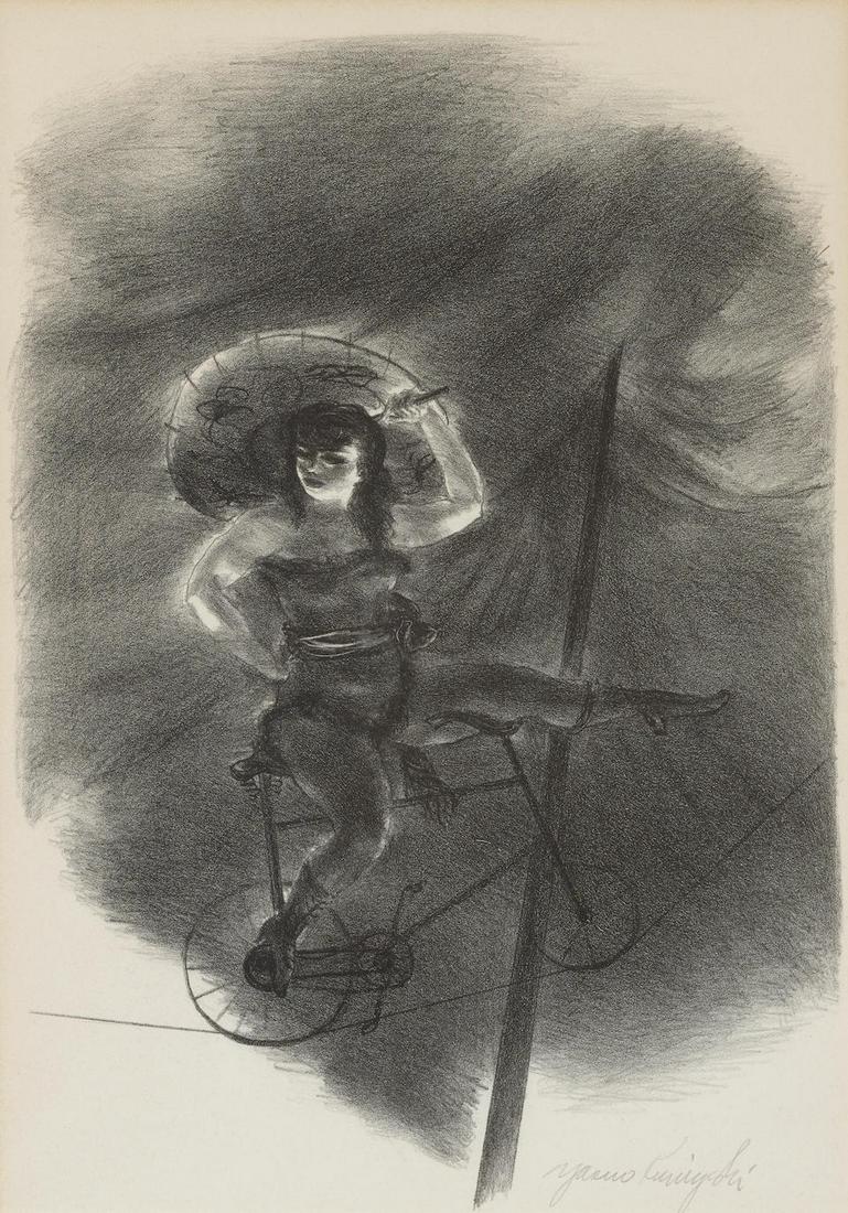 Yasuo Kuniyoshi (1893-1953); Wire Cyclist;: Yasuo Kuniyoshi (1893-1953) Wire Cyclist (Davis 77), 1939 Lithograph on Rives paper, signed in pencil, from the edition of 250, published by Associated American Artists, New York, with full margins, f