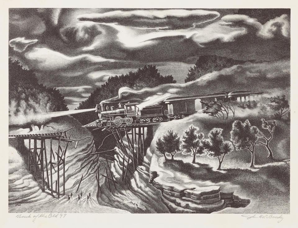 John McCrady (1911-1968); Wreck of the Old 97';: John McCrady (1911-1968) Wreck of the Old 97' (Marshall 71), 1946 Lithograph on wove paper, signed in pencil and titled, from the edition of 250, published by Associated American Artists, New York, wi