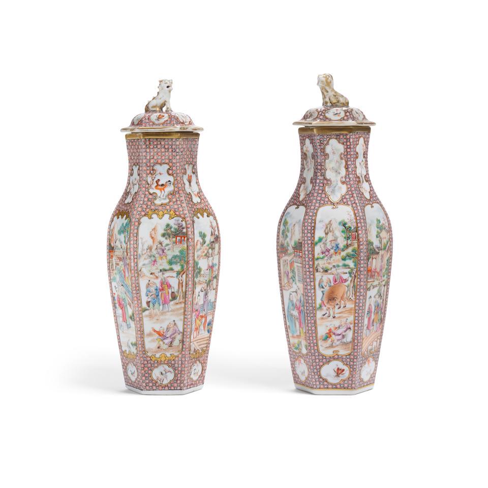 A PAIR OF HEXAGONAL-SECTION MANDARIN PALETTE CHINESE EXPORT PORCELAIN COVERED VASES Late 18th/ 1... (1 of 1)