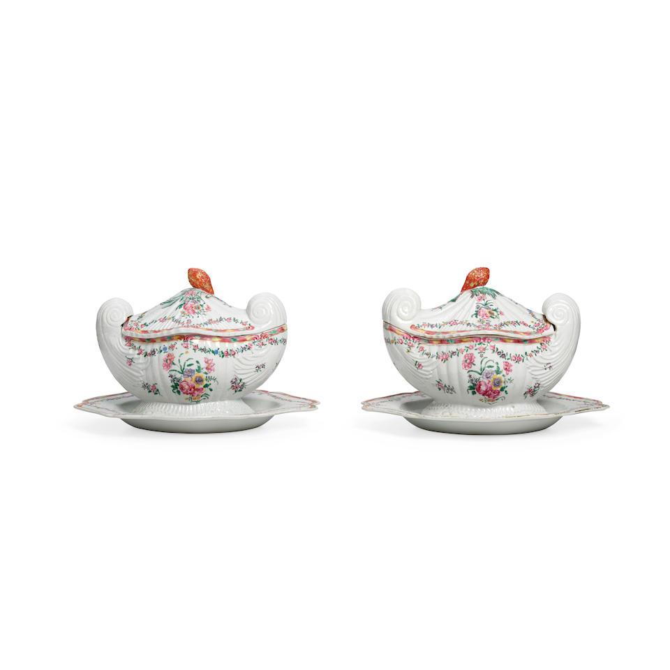 A PAIR OF FAMILLE-ROSE ROCOCO SHELL-SHAPED TUREENS, COVERS, AND STANDS Qianlong period (6) (1 of 3)