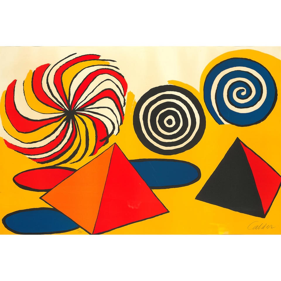 Alexander Calder (1898-1976); Untitled (Pinwheels and Pyramids);: Alexander Calder (1898-1976) Untitled (Pinwheels and Pyramids), c. 1970 Lithograph in colors on wove paper, signed in pencil and numbered 68/95, the full sheet, framed. sheet 29 1/2 x 43 3/4in (74.9 x