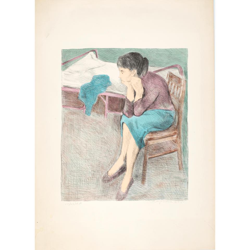 Raphael Soyer (1899-1987); Seated Woman Near a Bed;: Raphael Soyer (1899-1987) Seated Woman Near a Bed, 1987 Lithograph in colors on Arches paper, signed in pencil and numbered '17/25 AP' (an artist proof, aside from an edition of 300), with full margin