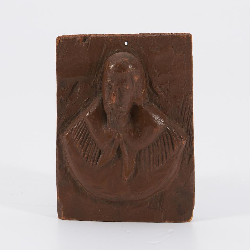 Carved Buffalo Bill Plaque United States, c. 1900.: Carved Buffalo Bill Plaque United States, c. 1900. High-relief head and shoulder portrait of William Frederick Cody (1846- 1917), known as Buffalo Bill, emerging from chiseled ground and painted brown