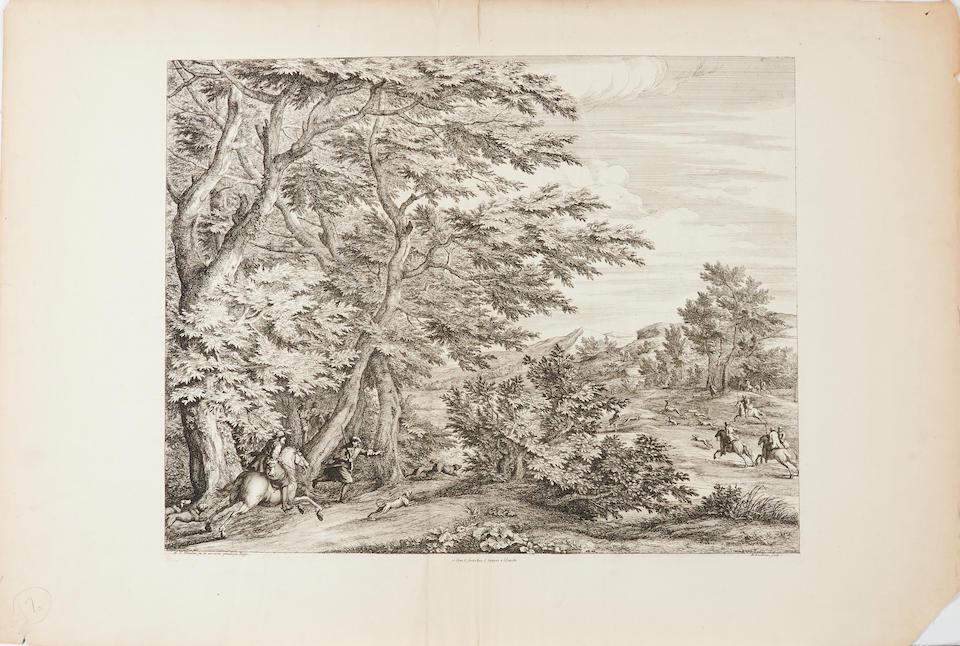 After Adam Frans van der Meulen; Flemish, 17th Century Three Engraved Vistas;: After Adam Frans van der Meulen, Flemish, 17th Century Three Engraved Vistas, Veuë de la Ville d'Ardres..., Veuë de Leuve, and Scène de chasse each design attributed to van der Meulen (