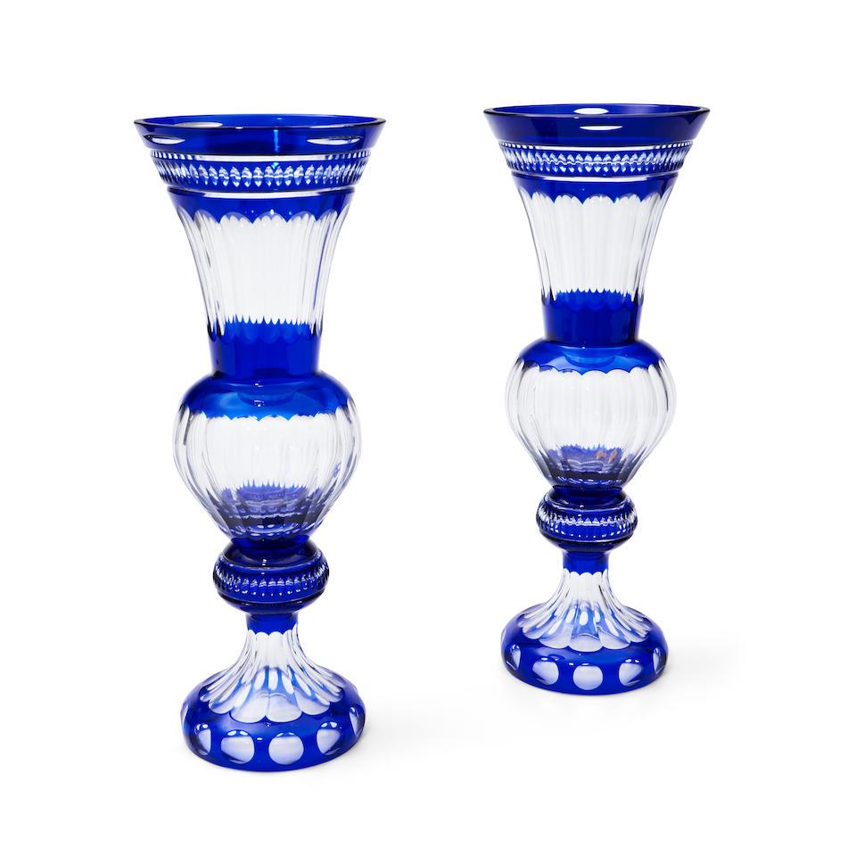 Pair of Cobalt Cut-to-clear Glass Floor Vases, second half of the 20th century, unmarked, ht. 23... (1 of 1)