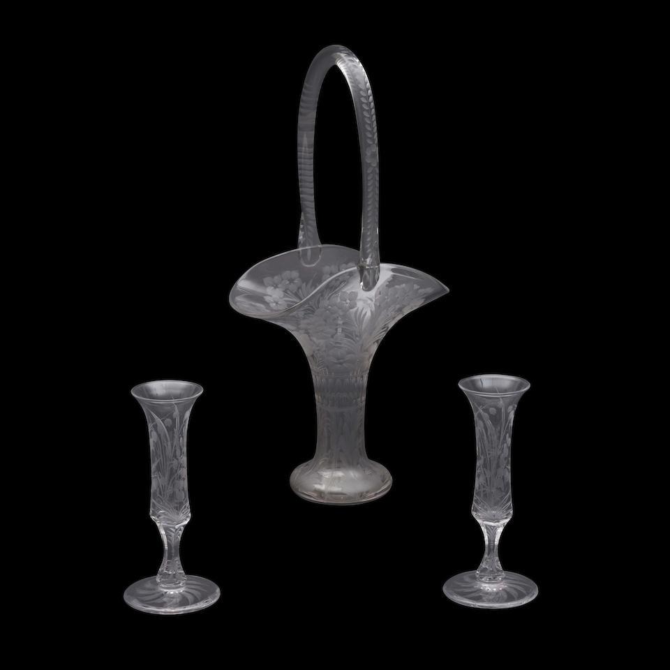 Three Pieces of Etched and Cut Colorless Glass: Three Pieces of Etched and Cut Colorless Glass a basket-form vase, ht. 16 3/8, and two wine glasses with flared mouth rim and floral motif, ht. 7 in. For further information on this lot please visit B