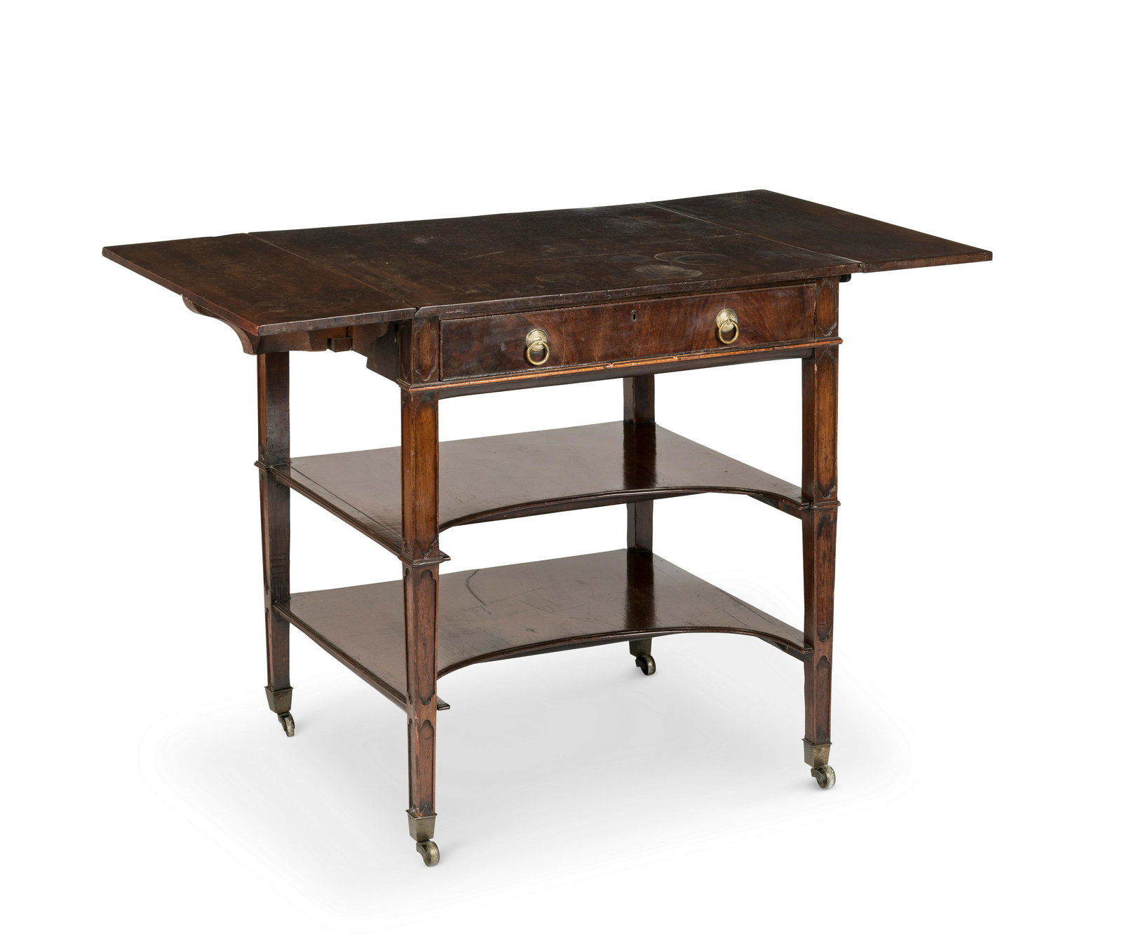 A George III mahogany Pembroke supper tableIn the manner of Thomas Chippendale: A George III mahogany Pembroke supper table In the manner of Thomas Chippendale The hinged rectangular top above a frieze drawer above moulded square tapering legs united by two under-tiers on brass c