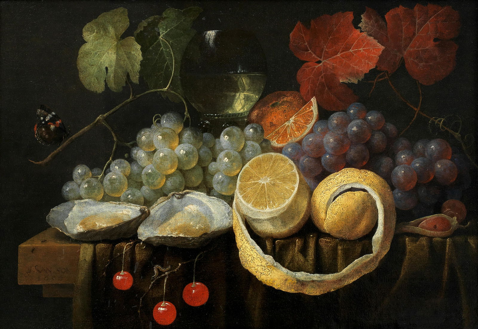 Joris van Son (Antwerp 1623-1667) Still life of oysters, grapes and lemons on a draped table wit...: Joris van Son (Antwerp 1623-1667) Still life of oysters, grapes and lemons on a draped table with cherries and a roemer of white wine signed and dated 'J. VAN. SON/ 1656' (on the table edge, lower lef
