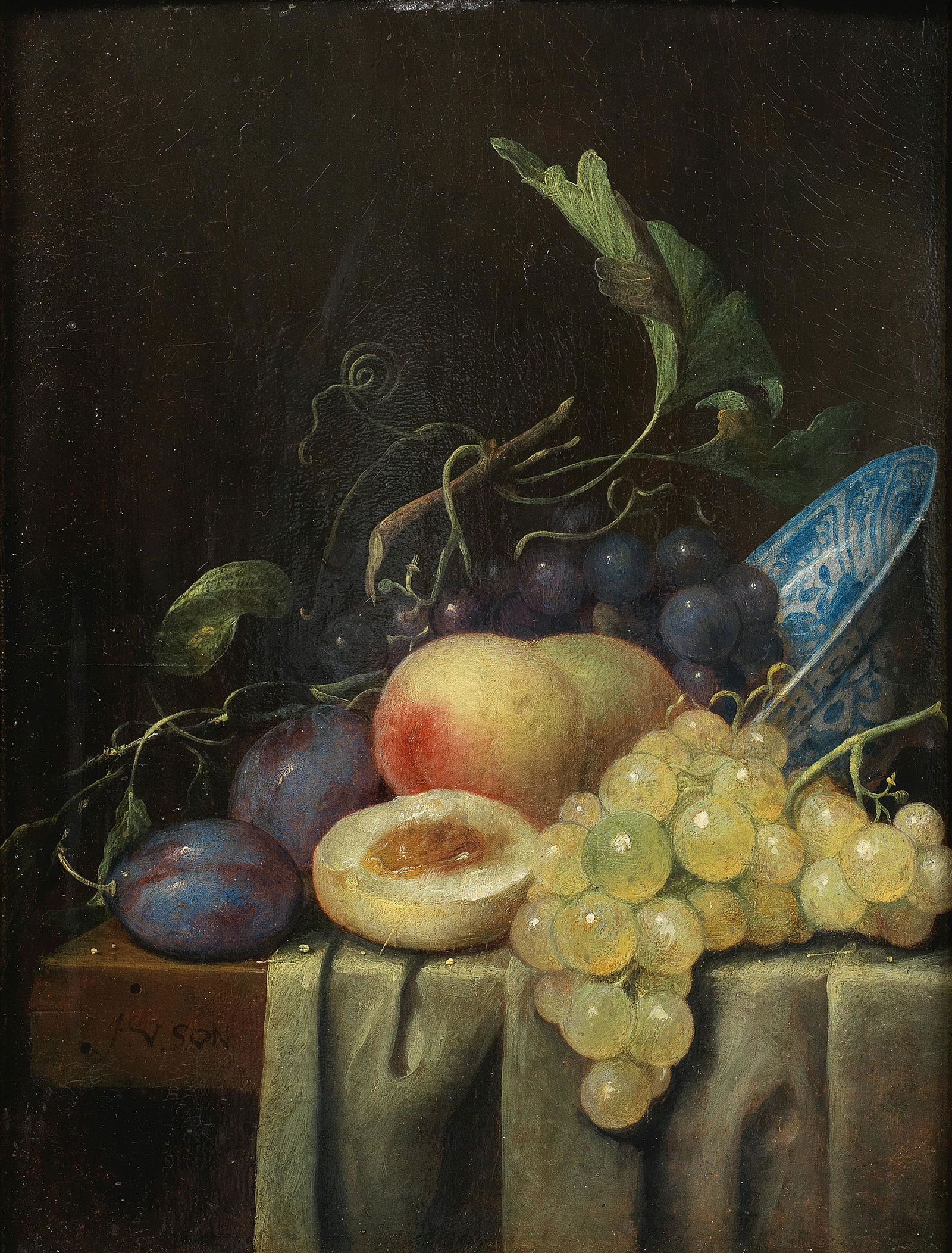 Joris van Son (Antwerp 1623-1667) Peaches, grapes and plums with a wanli kraak bowl on a draped ...: Joris van Son (Antwerp 1623-1667) Peaches, grapes and plums with a wanli kraak bowl on a draped tabletop signed 'J.V.SON' (on ledge, lower left) oil on panel 30.2 x 22.8cm (11 7/8 x 9in). Foo