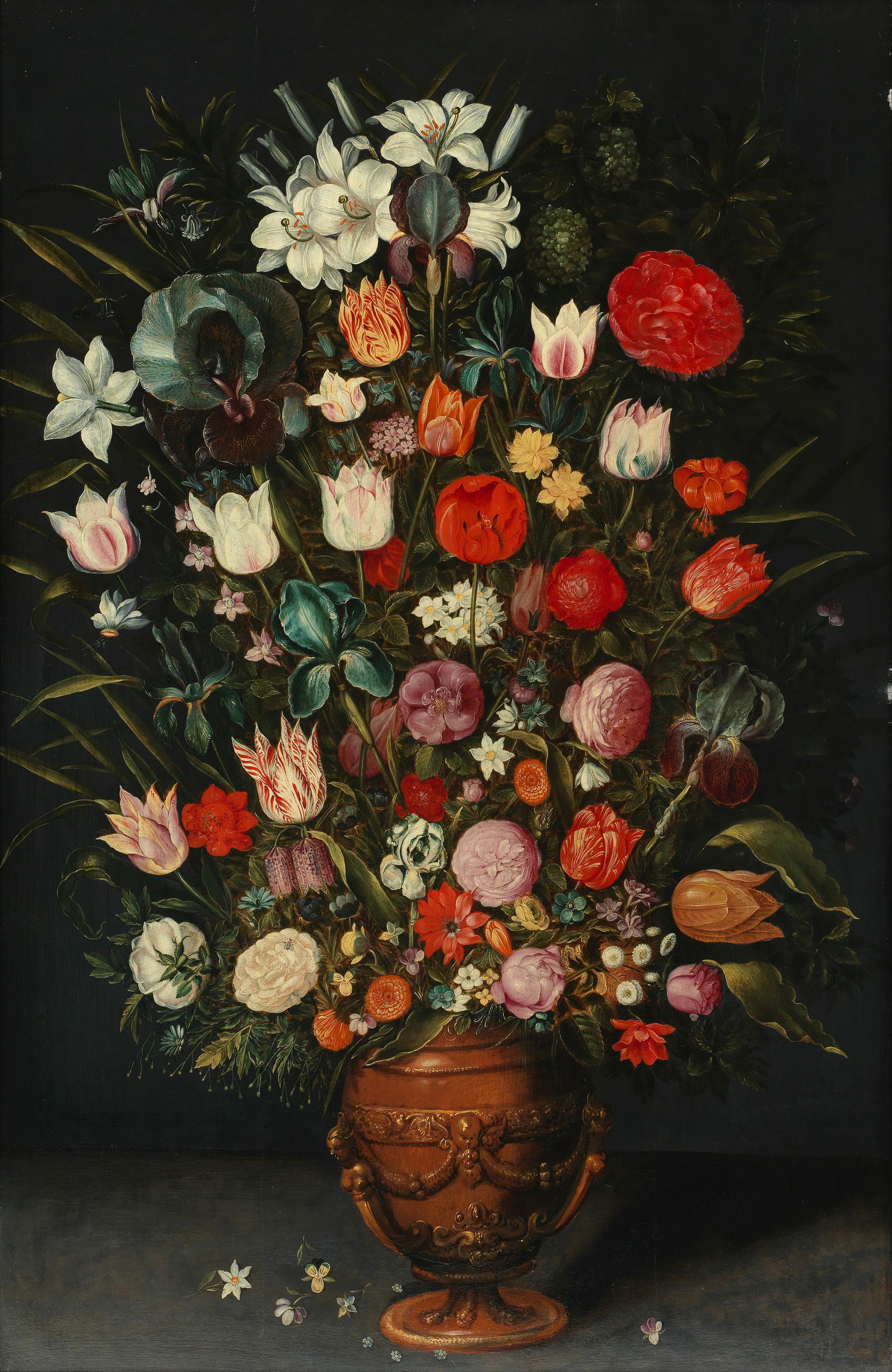 Workshop of Jan Brueghel the Younger (Antwerp 1601-1678) An extensive floral still life with lil...: Workshop of Jan Brueghel the Younger (Antwerp 1601-1678) An extensive floral still life with lilies, tulips, irises, forget-me-nots and other flowers in a bronze vase oil on panel 106 x 68.8cm (41 3/4