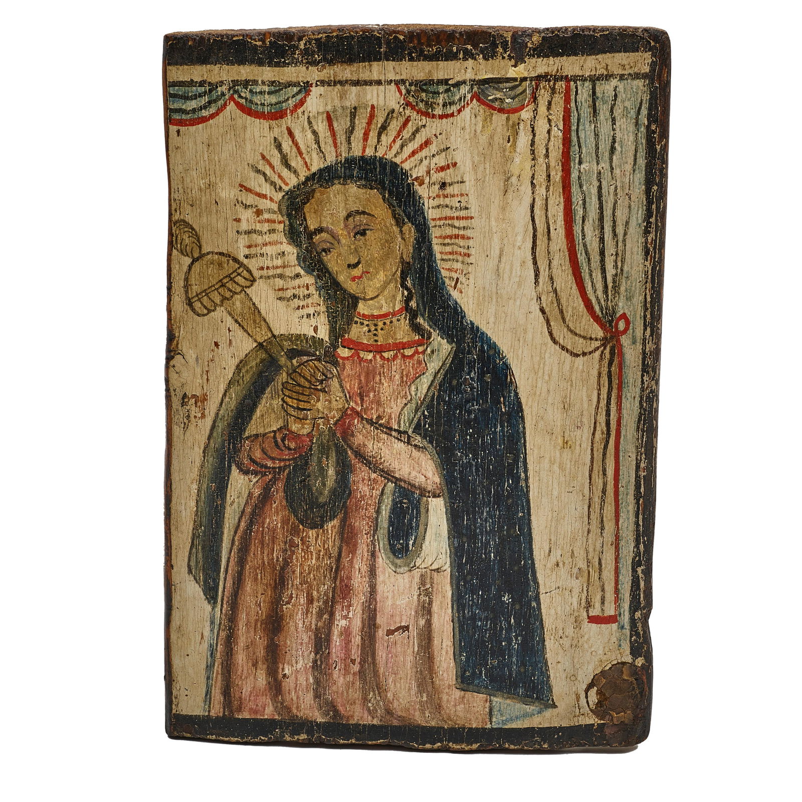 A José Rafael Aragón retablo: José Rafael Aragón Santa Fe, NM, (1796-1862), retablo depicting Our Lady of Sorrows, on a hand-adzed board, depicted with a dagger piercing her breast, left margin missing, restored. height