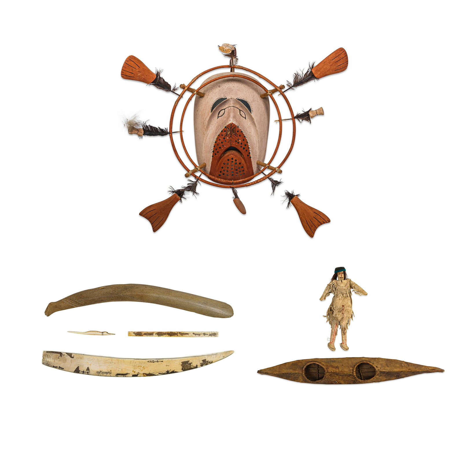 A Group of Inuit or Athabaskan items: A Group of Inuit or Athabaskan items Comprising scrimshaw story knife, a bone snow knife, a scrimshaw gaming counter, a marine ivory awl, a model bidarka, a Cup'ik hoop mask designed as a walrus's fac