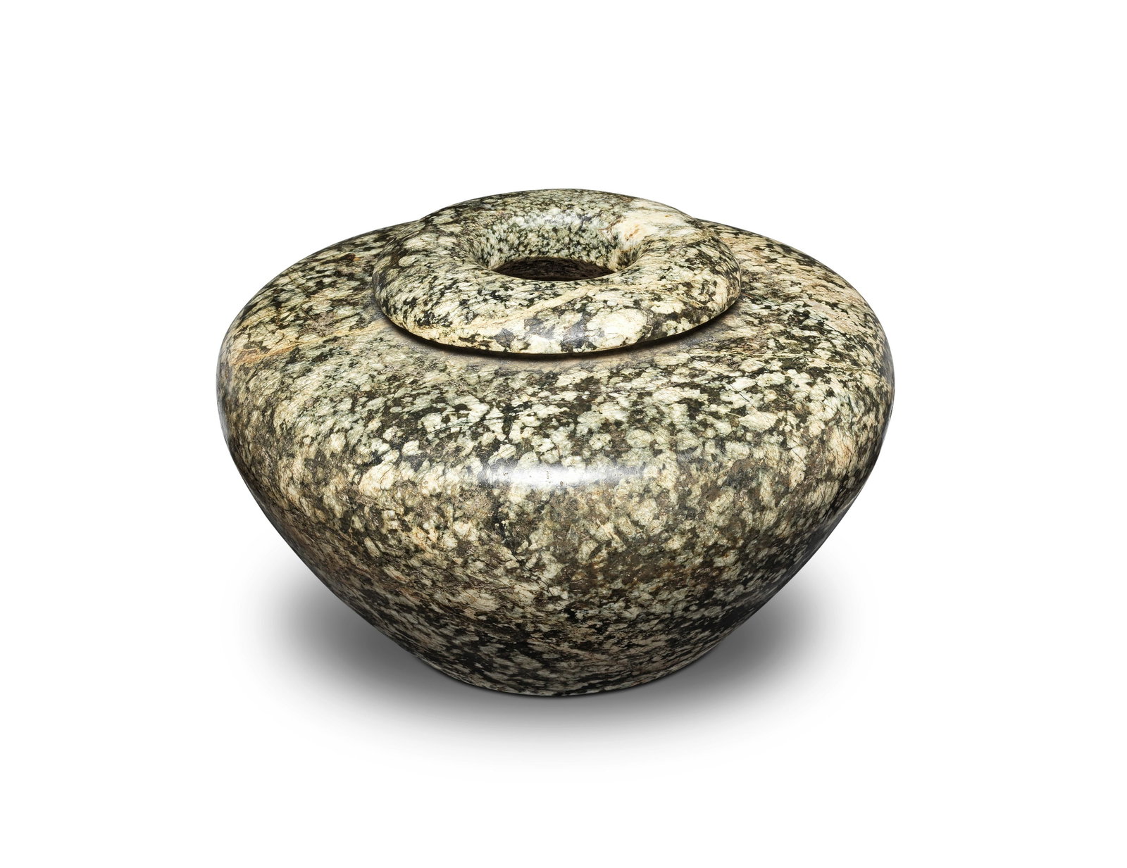 An Egyptian granodiorite shouldered jar: An Egyptian granodiorite shouldered jar Early Dynastic, late 2nd Dynasty-3rd Dynasty, circa 2750-2600 B.C. 13cm high, 21.5cm wide Footnotes: Provenance: Reputedly previously the estate of a Belgian no
