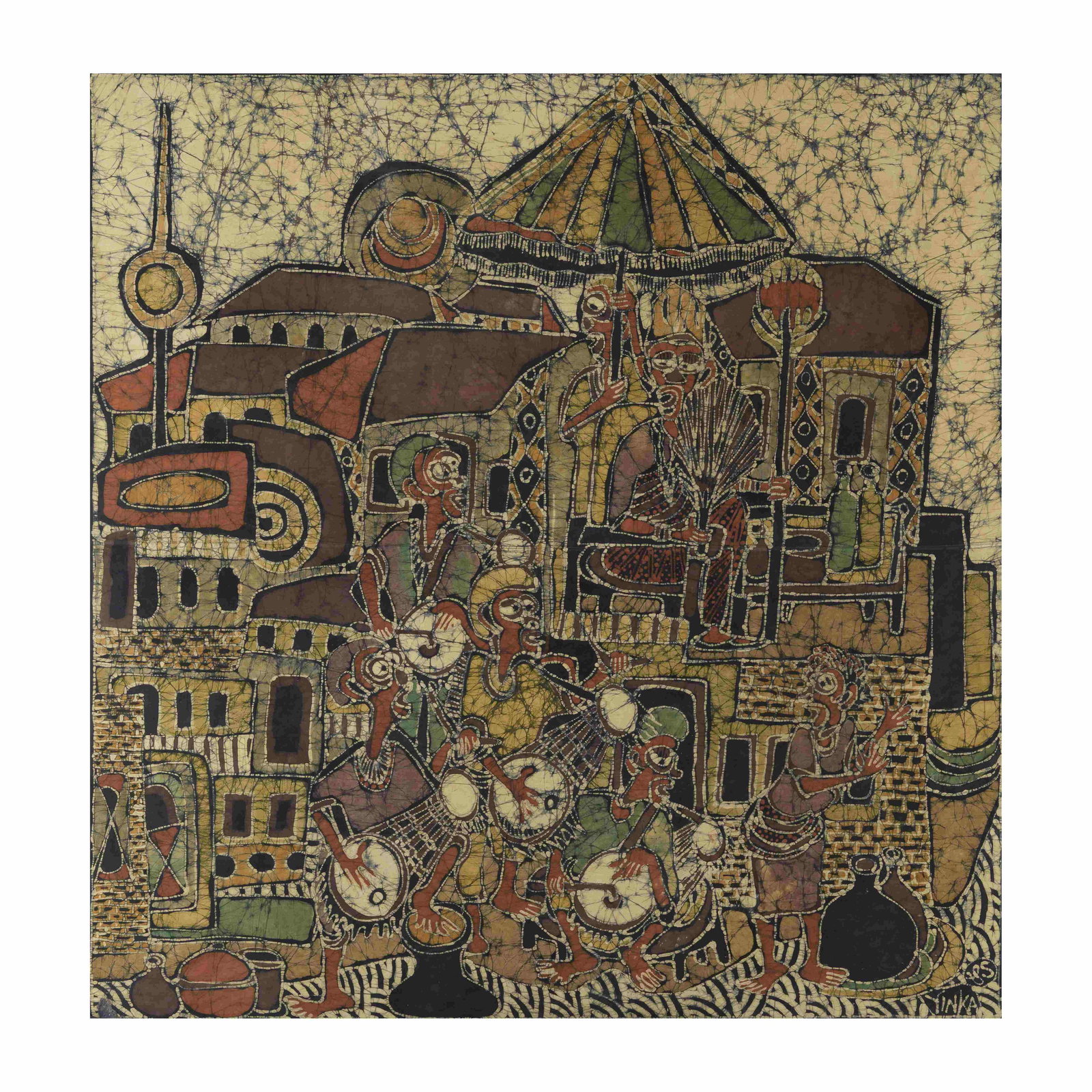Yinka Adeyemi (Nigéria, né en 1941) Sans titre (musiciens): Yinka Adeyemi (Nigéria, né en 1941) Sans titre (musiciens) 1985 signé et daté 'Yinka 85' en bas à droite batik marouflé sur panneau signed and dated 'Yinka 85' lower ri