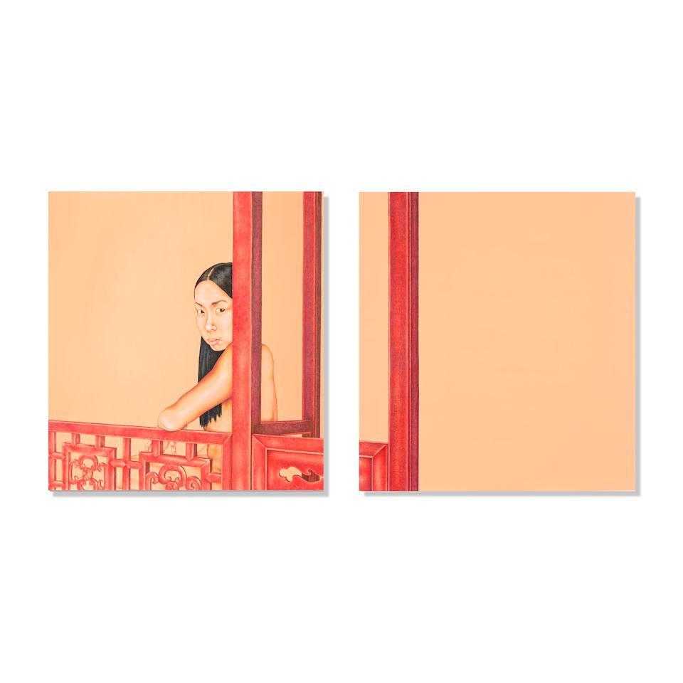 SU-EN WONG (b. 1973) Orange Painting with Girl on Chinese Bed 1999: SU-EN WONG (b. 1973) Orange Painting with Girl on Chinese Bed 1999 signed, titled and dated 1999 on the reverse acrylic and pencil on panel, in two parts each panel: 52 by 48 in. 134.6 by 121.9 cm. ov