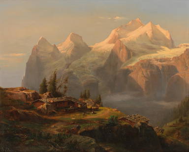 Alexandre Calame (Swiss, 1810-1864) Eiger, Monch and Jungfrau, Switzerland: Alexandre Calame (Swiss, 1810-1864)Eiger, Monch and Jungfrau, Switzerland signed 'A.Calame' (lower left)oil on panel37.8 x 47.3cm (14 7/8 x 18 5/8in).