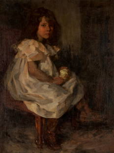 Sir James Jebusa Shannon, RA, RBA, RHA (British, 1862-1923) Portrait of a little girl holding a toy: Sir James Jebusa Shannon, RA, RBA, RHA (British, 1862-1923)Portrait of a little girl holding a toysigned and dated 'J.J Shannon, 1895' (upper right) oil on canvas 96.5 x 72cm (38 x 28 3/8in).