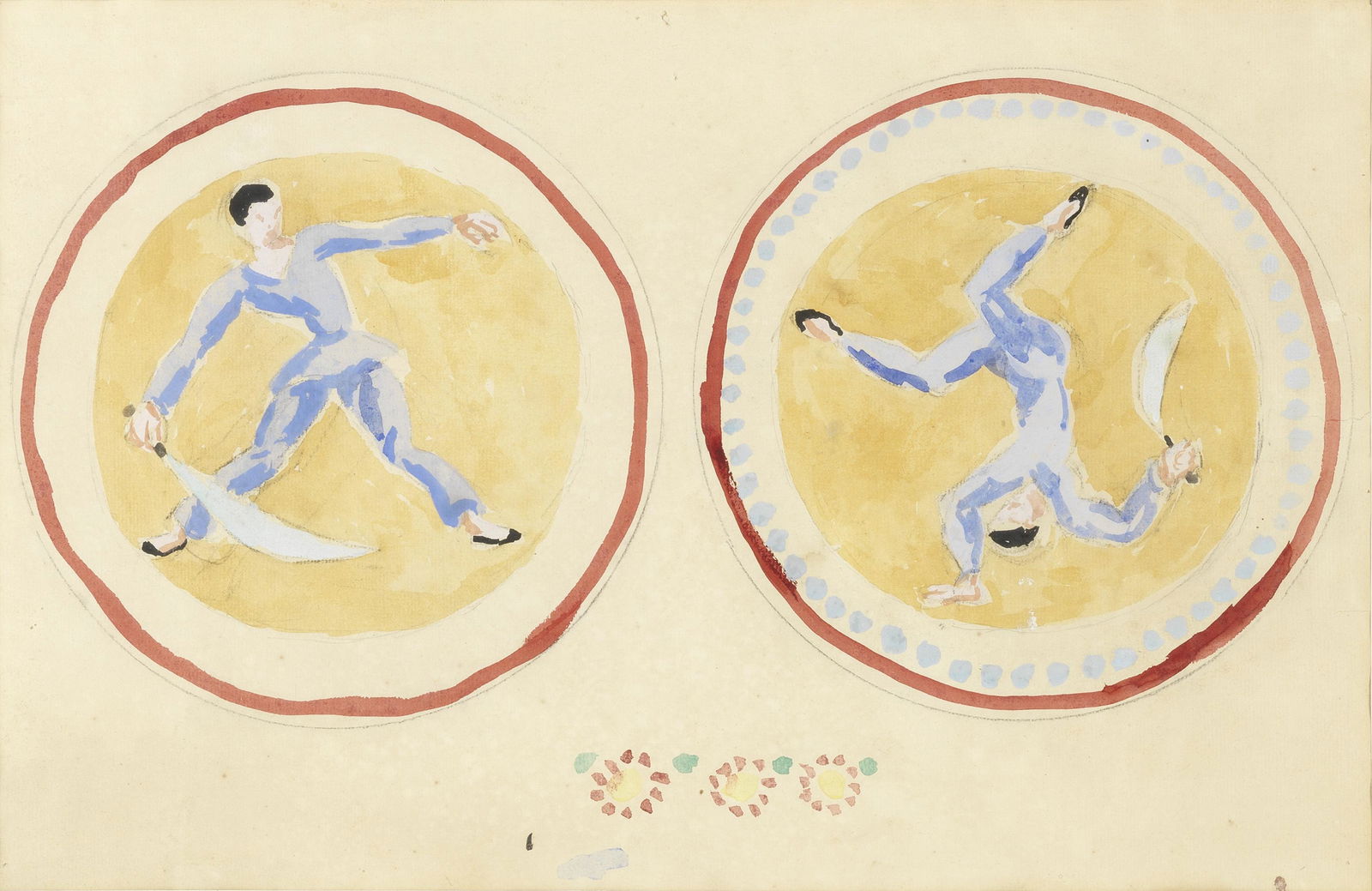 Duncan Grant (British, 1885-1978) Acrobats: Duncan Grant (British, 1885-1978) Acrobats watercolour and pencil on paper 29 x 45.5cm (11 7/16 x 17 15/16in). Footnotes: Acrobats show two designs for painted plates made by Quentin Bell